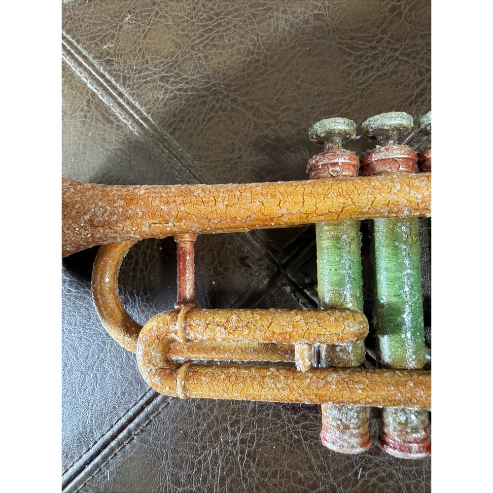 Vintage Style Glitter Trumpet Christmas Ornament Patina Orange Green Musical - Picture 3 of 13
